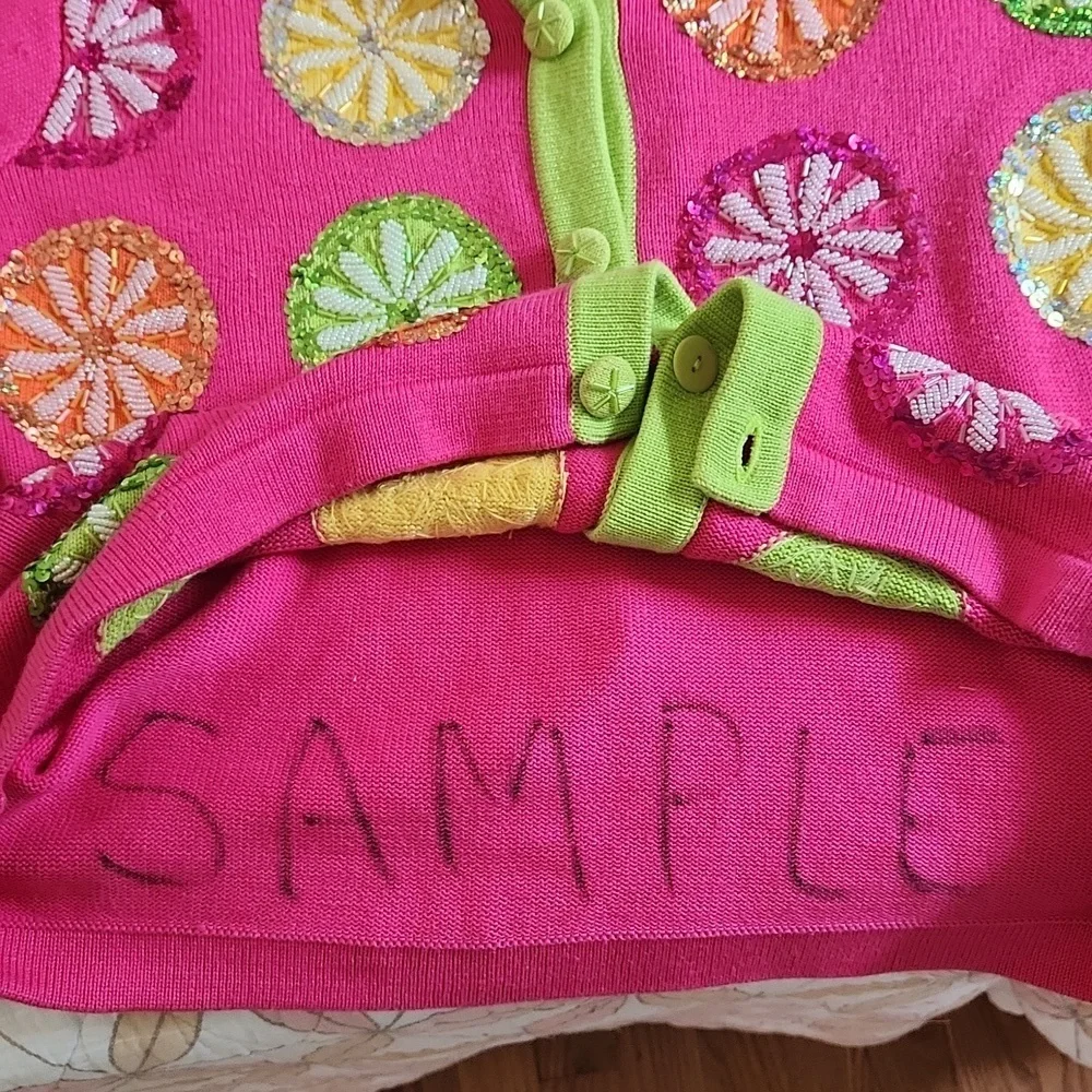 Jack B. Quick VTG 90s Beaded Sequin Cardigan Size M Pink Lime and Orange Holiday - Picture 10 of 10